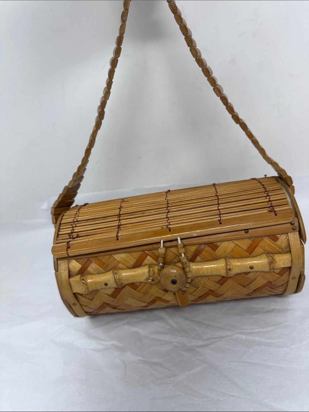 Vintage Handwoven Bamboo Barrel Purse Basket Bag Boho Shoulder Handbag Japanese